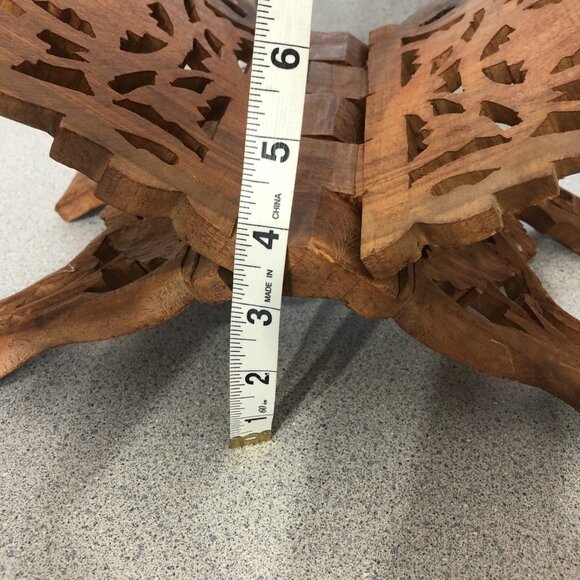 Carved Teak Wood Book Holder Stand Towels Napkins Cookbooks Vintage Floral Leaf - Picture 11 of 11